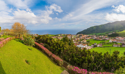 Agua Retorta village, Sao Miguel island, Azores archipelago, Portugal. View from Miradouro de Agua Retorta.