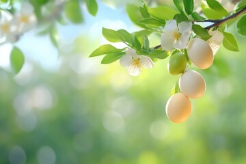 Pastel colored easter eggs hanging from blooming branches in springtime