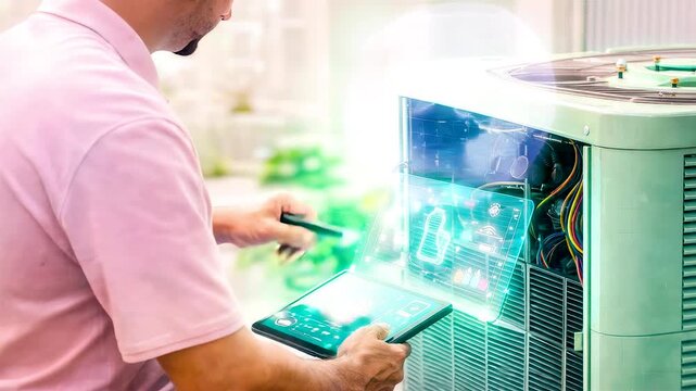 HVAC Technician Using Digital Tablet for Smart Air Conditioning Maintenance Diagnostics and Energy Efficient Climate Control System Management