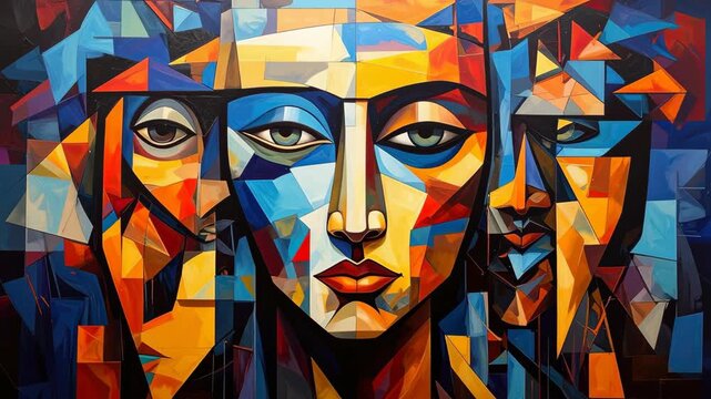 Abstract geometric faces art featuring multiple perspectives rendered in bold blues, yellows, reds, oranges, and triangular shapes
