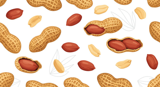 A seamless pattern of realistic peanuts in their shells and shelled kernels scattered on a white background with subtle leaf outlines for a natural look.