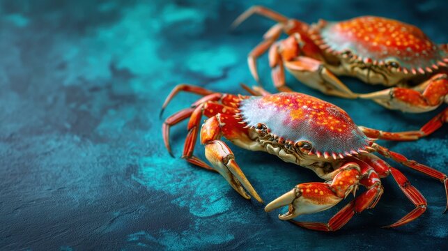 Two vibrant red crabs on textured blue surface.