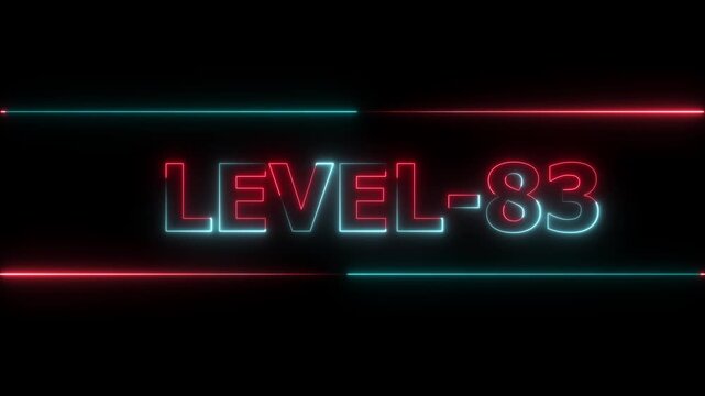 Glowing level-83 text with glitch effects animation. Two color letters spelling out level-83 appear on screen. Neon level up sign and upper Level . next Level text animation.