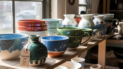 Colorful ceramic pottery on display.