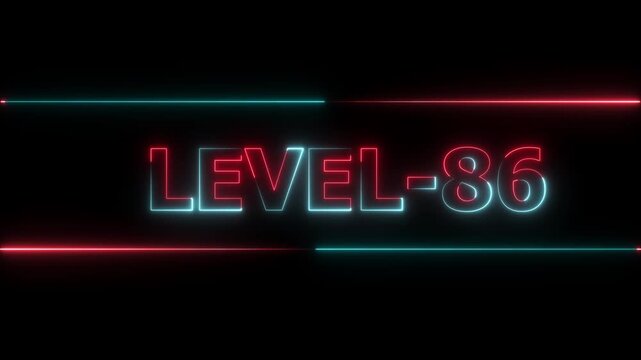 Glowing level-86 text with glitch effects animation. Two color letters spelling out level-86 appear on screen. Neon level up sign and upper Level . next Level text animation.