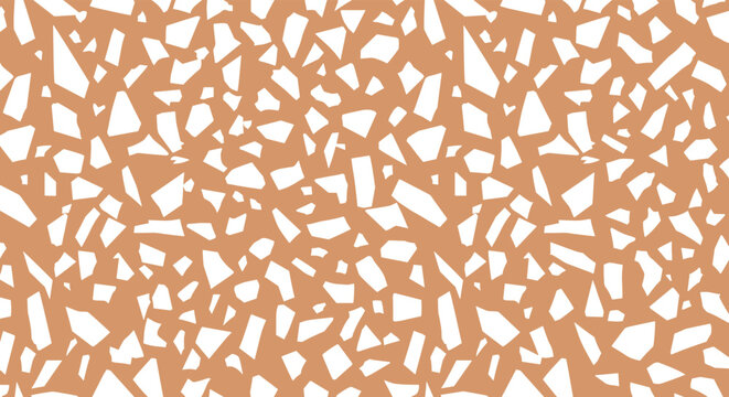A modern and stylish terrazzo seamless pattern background, featuring abstract white chips scattered on a warm terracotta or beige-colored base for interior design.