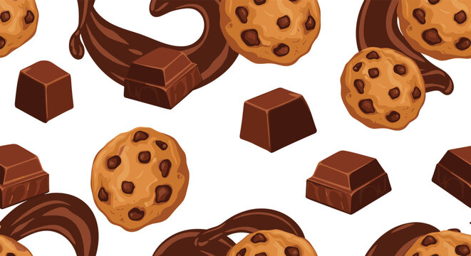 A delicious and indulgent seamless pattern of chocolate chip cookies, chocolate chunks, and swirling melted chocolate on a clean white background for dessert themes.