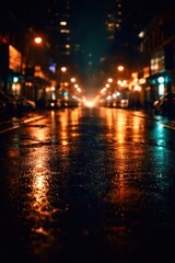 A blurry city street with rain and lights