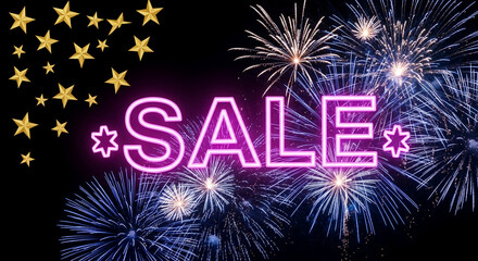 Image with bright firework bursts and golden star patterns on a dark background, with neon pink sale text, representing a festive discount promotion