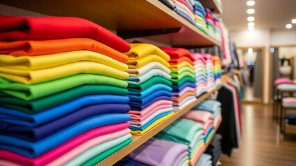 Colorful folded t shirts on shelves.