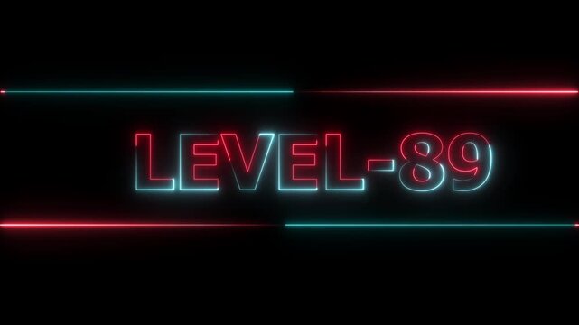 Glowing level-89 text with glitch effects animation. Two color letters spelling out level-89 appear on screen. Neon level up sign and upper Level . next Level text animation.