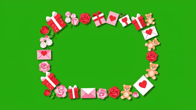 Valentine celebration elements border frame looping animation green screen chroma key template social media overlay graphic footage