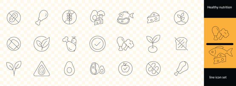 Healthy nutrition and dietary restriction food icons in thin linear vector illustration set. Includes labels for vegan, keto, paleo, allergen free, low carb and certified organic dietary 