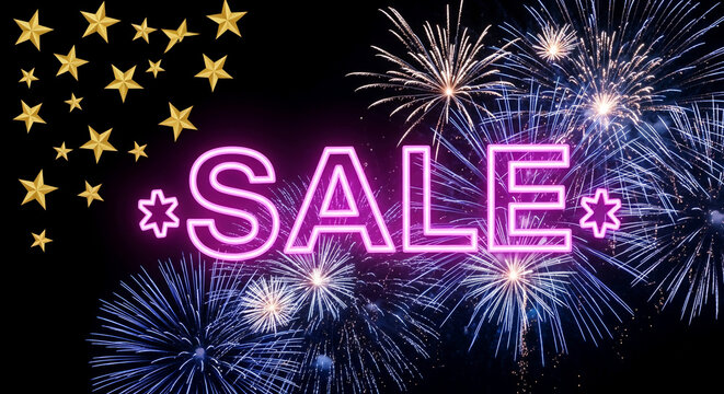 Image with bright firework bursts and golden star patterns on a dark background, with neon pink sale text, representing a festive discount promotion - Powered by Adobe
