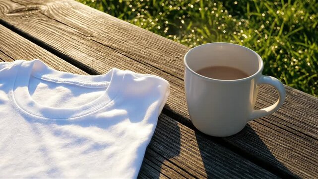 White T-Shirt Coffee Mug Summer Morning Lifestyle Relaxing Outdoors Wooden Table Nature Background Stock Video Footage for Business Promotion Travel Blog
