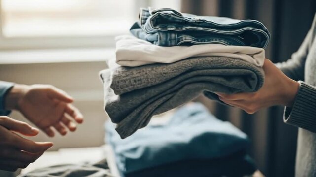 Hands holding folded clothes offering donation or exchange