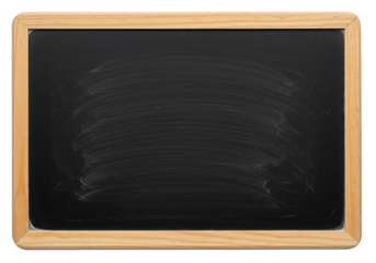 Blank rectangular chalkboard with chalk dust and a rustic wood frame, isolated on a white background with copy space. Concept for education and presentation
