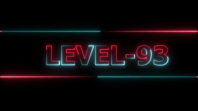 Glowing level-93 text with glitch effects animation. Two color letters spelling out level-93 appear on screen. Neon level up sign and upper Level . next Level text animation.