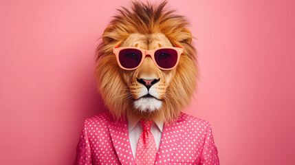 A spotted lion-headed figure wears a pink polka dot suit with matching tie and sunglasses against a monochrome pink backdrop. Whimsical and retro-inspired character portrait.