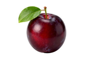 Fresh Ripe Plum with Green Leaf Isolated on White