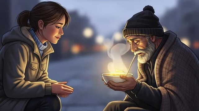 Woman shares food with senior outdoors generosity and kindness concept