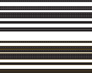City road and highway top view. Straight and curve roadway. Parts of single and double roads. Transport icons. Aerial view of asphalt street and Road from above with footpaths and crossroads
