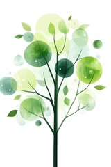 Abstract watercolor tree design featuring green circular leaves and minimalist branch art