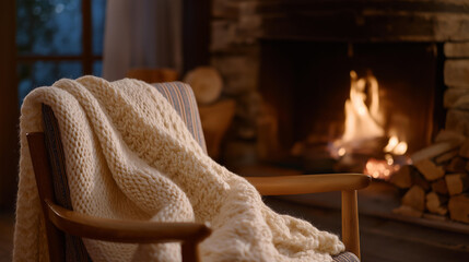Cozy knitted blanket draped over a chair before a warm, crackling fireplace, soft textures and glowing flames creating a feeling of comfort, relaxation, and winter home warmth. cinematic color