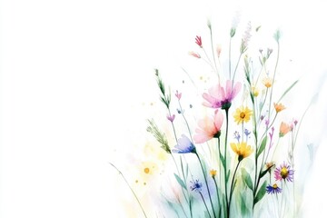 Vibrant watercolor bouquet of delicate flowers on white background