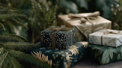 Christmas wrapping paper designs combined with textile prints, greeting cards and digital wallpapers, showcasing cohesive holiday visuals for joyful and decorative seasonal branding. cinematic