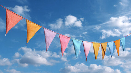 Colorful pennant flags against a bright blue sky with clouds
