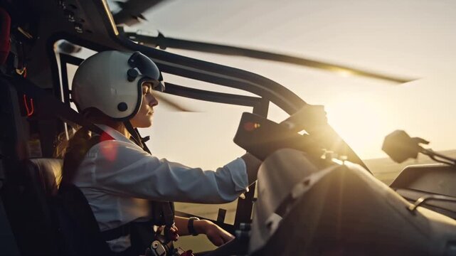 High-quality 4K video of a female pilot performing pre-flight checks helicopter, putting helmet controls, cockpit close-ups, rotor blades spinning dust particles sunlight, cinematic confident empower