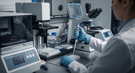 Scientist using an automated micropipette to conduct research in a modern laboratory setting.