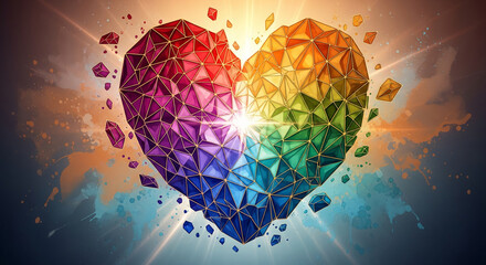 Geometric heart in rainbow color, formed by triangles and golden edges, on bright watercolor background, representing love, connection, diversity