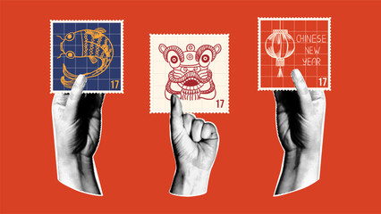Retro Collage for Chinese New Year. Halftone vintage hands holding decorative postage stamps with traditional Asian symbols. Lunar New Year postal elements