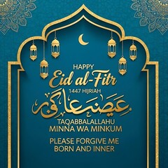 Eid al-Fitr Greeting Card with Lanterns and Crescent.