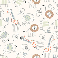 An adorable seamless vector pattern featuring hand-drawn giraffes, lions, elephants, and rhinos. Perfect for nursery textiles, baby apparel, and whimsical wallpaper designs