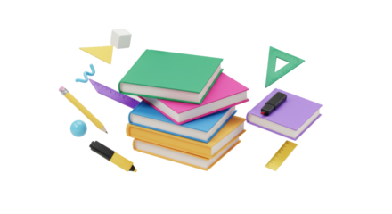 Six dynamically stacked 3d textbooks and school supplies floating with abstract shapes on a white background. Concept of modern e-learning and knowledge