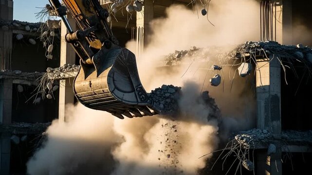Demolition in Progress: Excavator Destroys Building with Powerful Hydraulic Arm, Creating Dust and Debris in Cinematic Industrial Scene