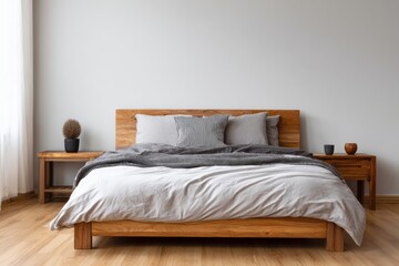 Fototapeta premium Minimalist bedroom with wooden bed and side tables.