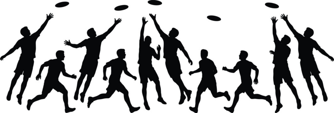 Silhouettes of People Playing with Flying Discs in Action Poses, Depicting Athletic Movement, Outdoor Recreation, and Frisbee Sports Energy