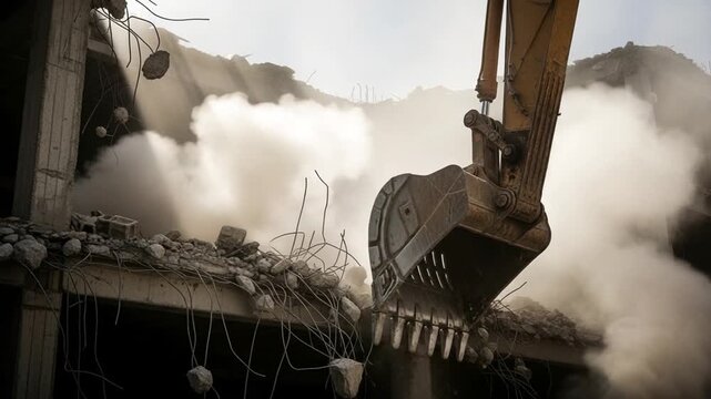 Demolition Site with Excavator Destroying Building, Dramatic Sunlight, Dusty Atmosphere, Construction Equipment, Industrial Scene, Urban Renewal, Heavy Machinery in Action