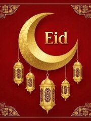 Eid Mubarak Greeting with Lanterns and Crescent Moon.