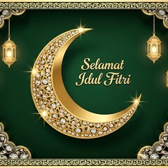 Golden Crescent Moon Eid Mubarak Greeting Card.