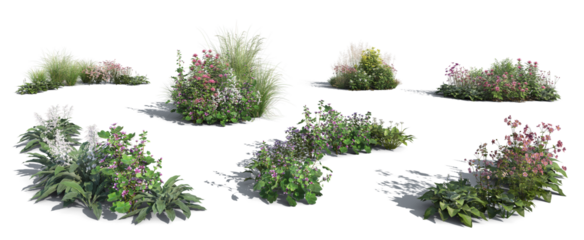 Different rendered flowerbeds and groups of plants, isolated on white and transparent background
