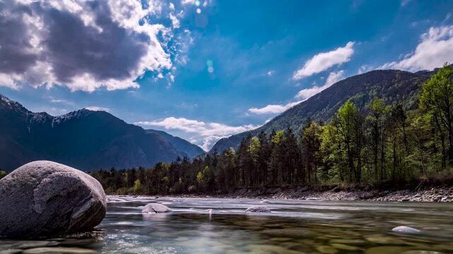 mountain landscape with river and mountains, timelapse
