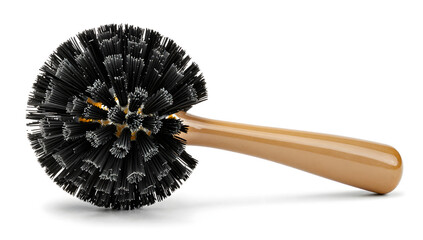 Wooden Brush in Focus: An eye-level shot captures a meticulously crafted wooden brush, featuring dense bristles and a gracefully curved handle.