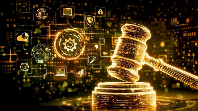 Digital justice system with glowing judge gavel and data interface, legal decision technology, courtroom authority and modern law enforcement framework