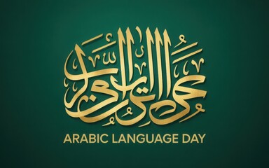 Arabic language day celebration with beautiful golden calligraphy on a deep green background