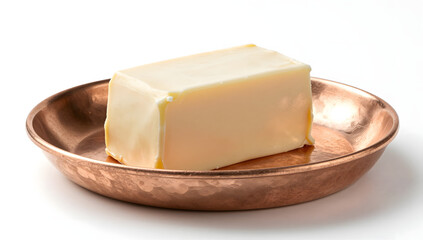 Butter Block on Bronze Dish: A close-up shot presents a pristine block of butter, resting invitingly on a handcrafted bronze dish, conveying simplicity and culinary charm.